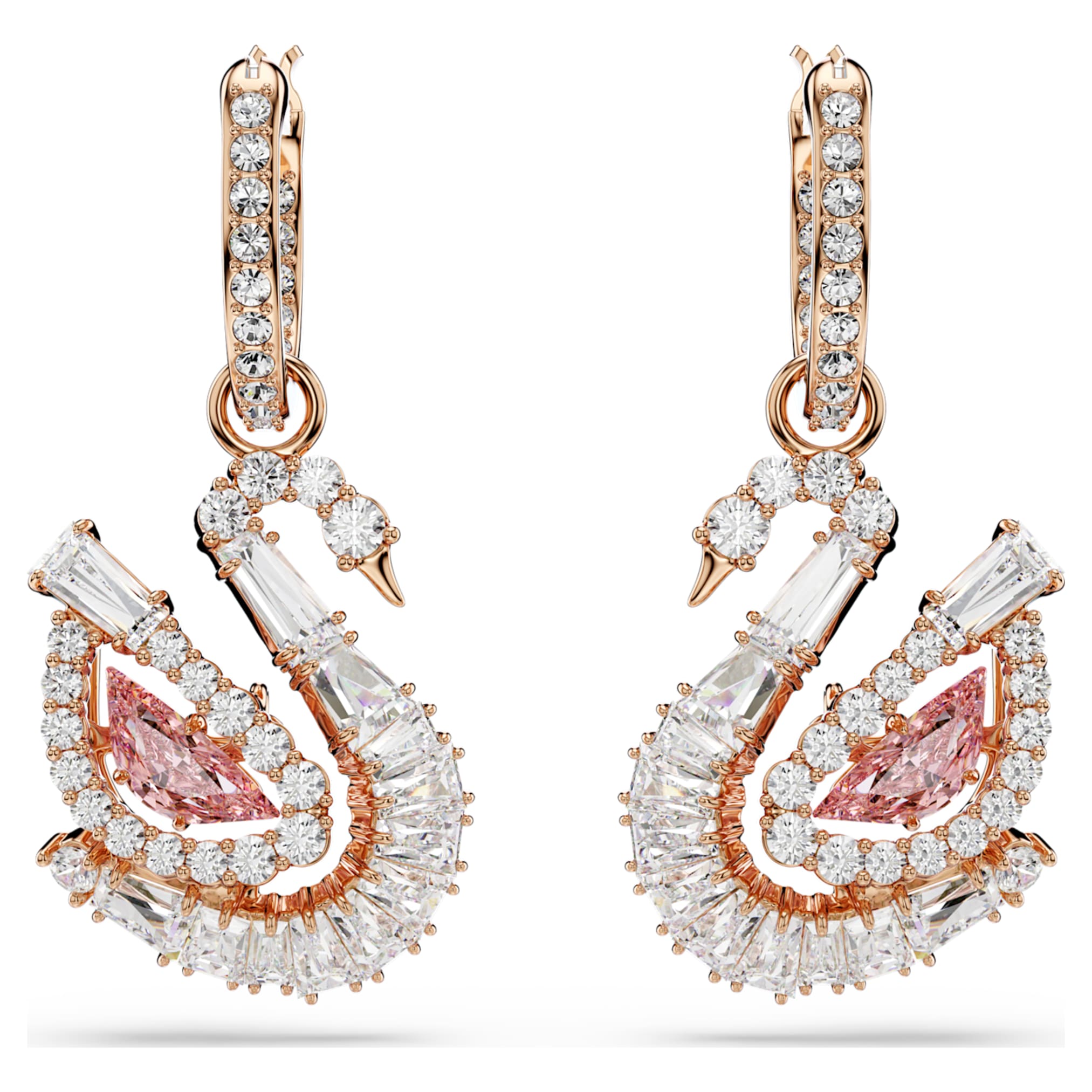 Swarovski Swan drop earrings Pavé, Swan, Pink, 18K rose gold finish