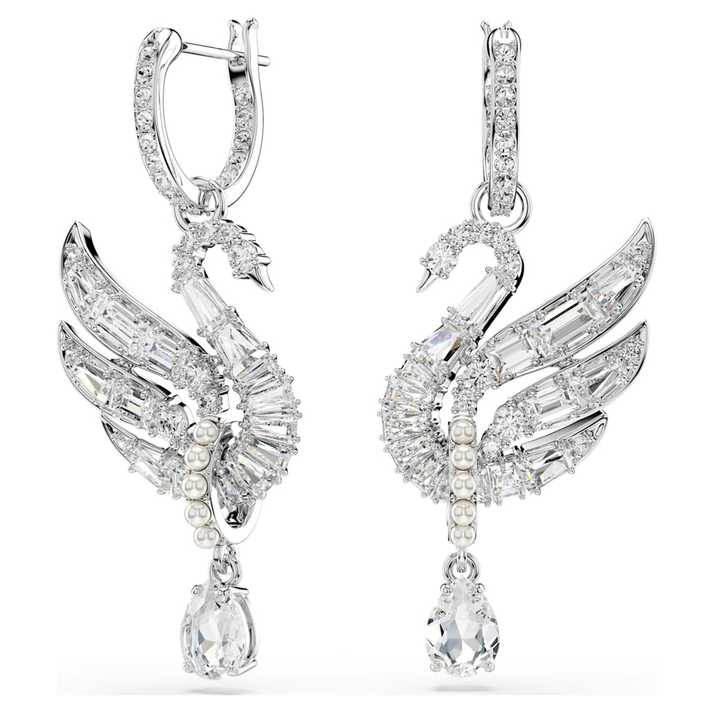 Swarovski Swan earrings Swan, White, Rhodium plated
