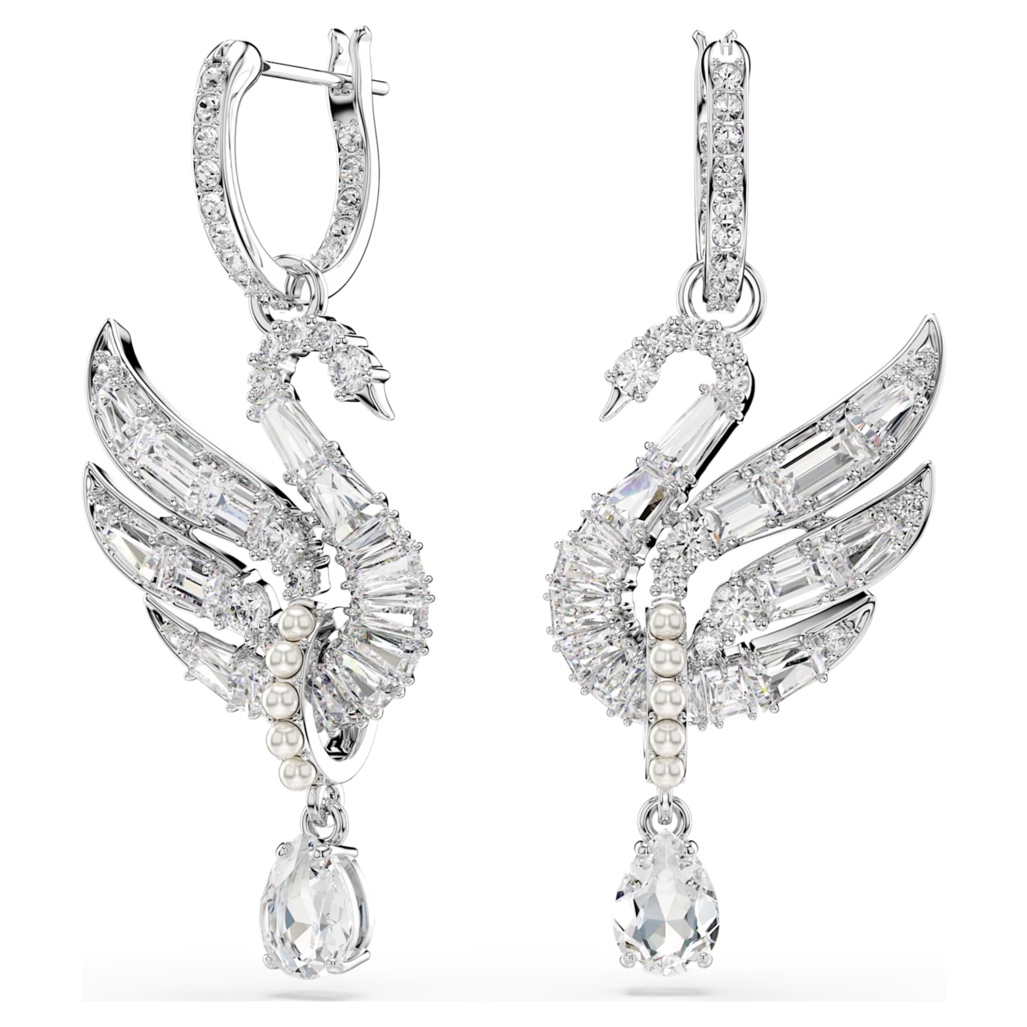 Swarovski Swan earrings Swan, White, Rhodium plated