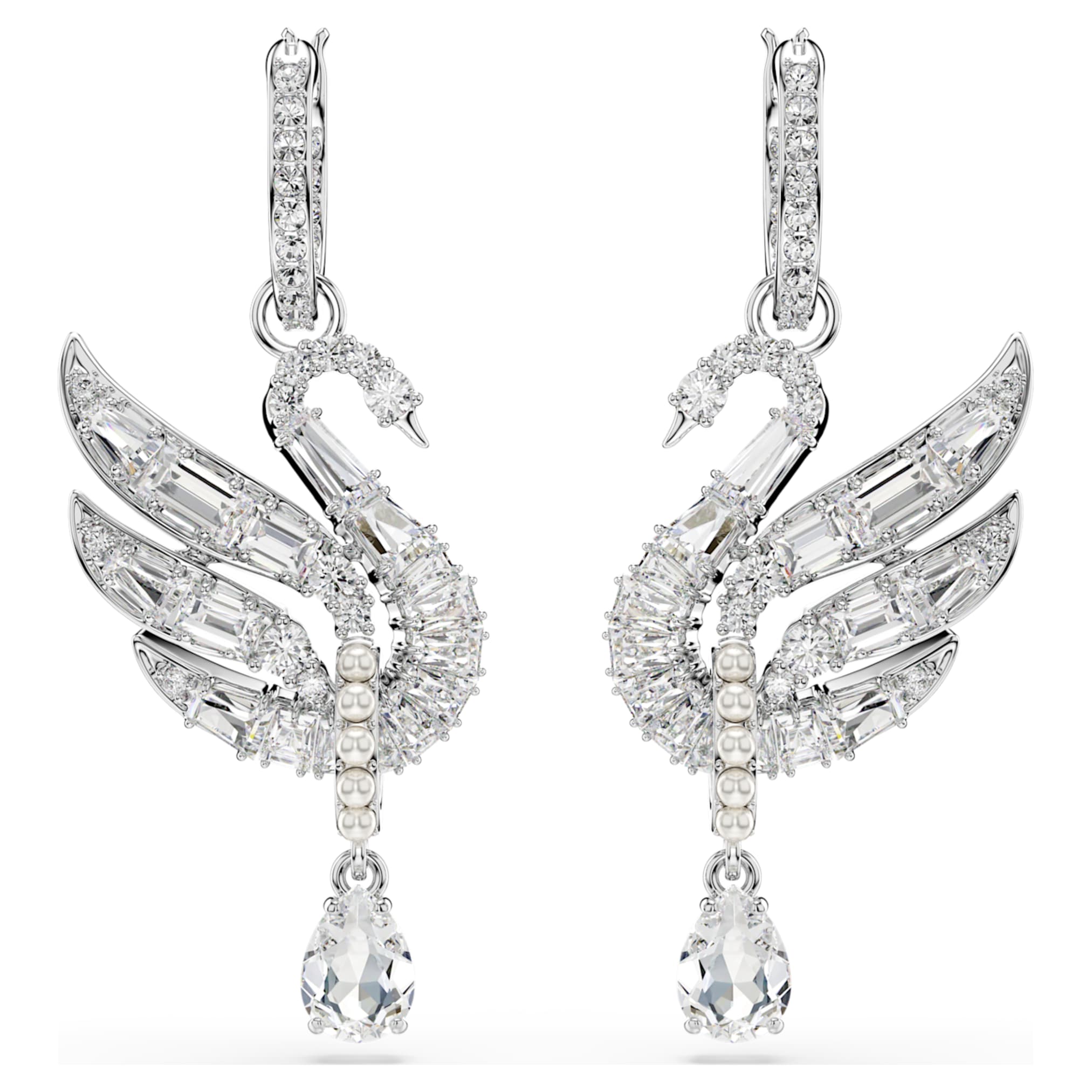 Swarovski Swan earrings Swan, White, Rhodium plated