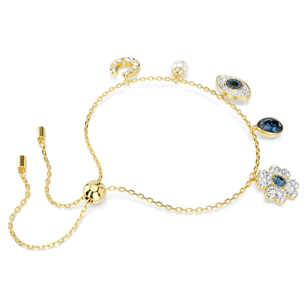 Swarovski Symbolica bracelet Crystal pearl, Clover, evil eye and horseshoe, Blue, 18K gold finish
