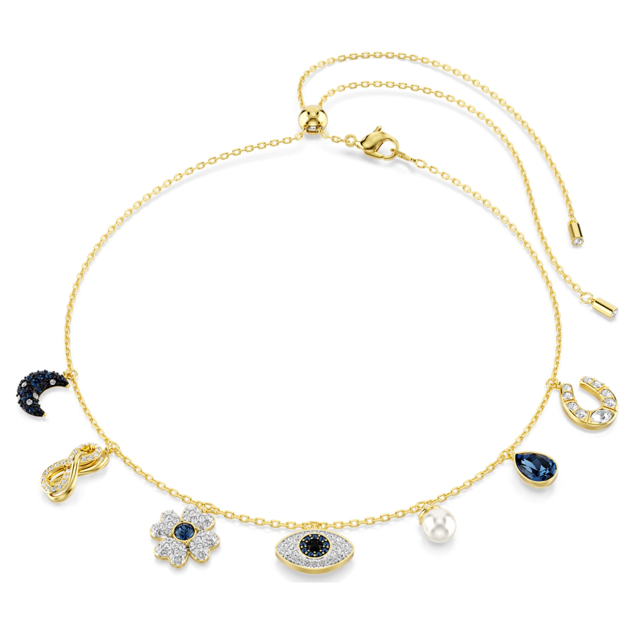 Swarovski Symbolica choker Crystal pearl, Moon, infinity, clover, evil eye and horseshoe, Blue, 18K gold finish