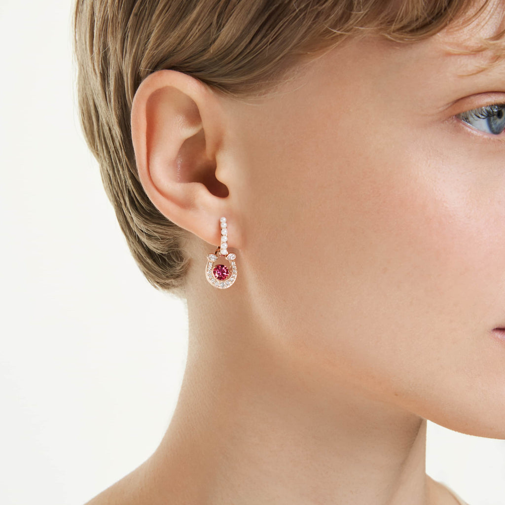 Swarovski Symbolica drop earrings Crystal pearl, Round cut, Pavé, Horse shoe, Red, 18K rose gold finish