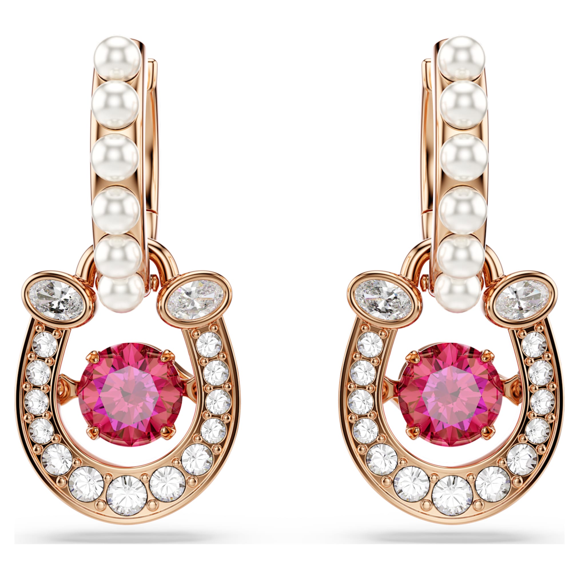 Swarovski Symbolica drop earrings Crystal pearl, Round cut, Pavé, Horse shoe, Red, 18K rose gold finish
