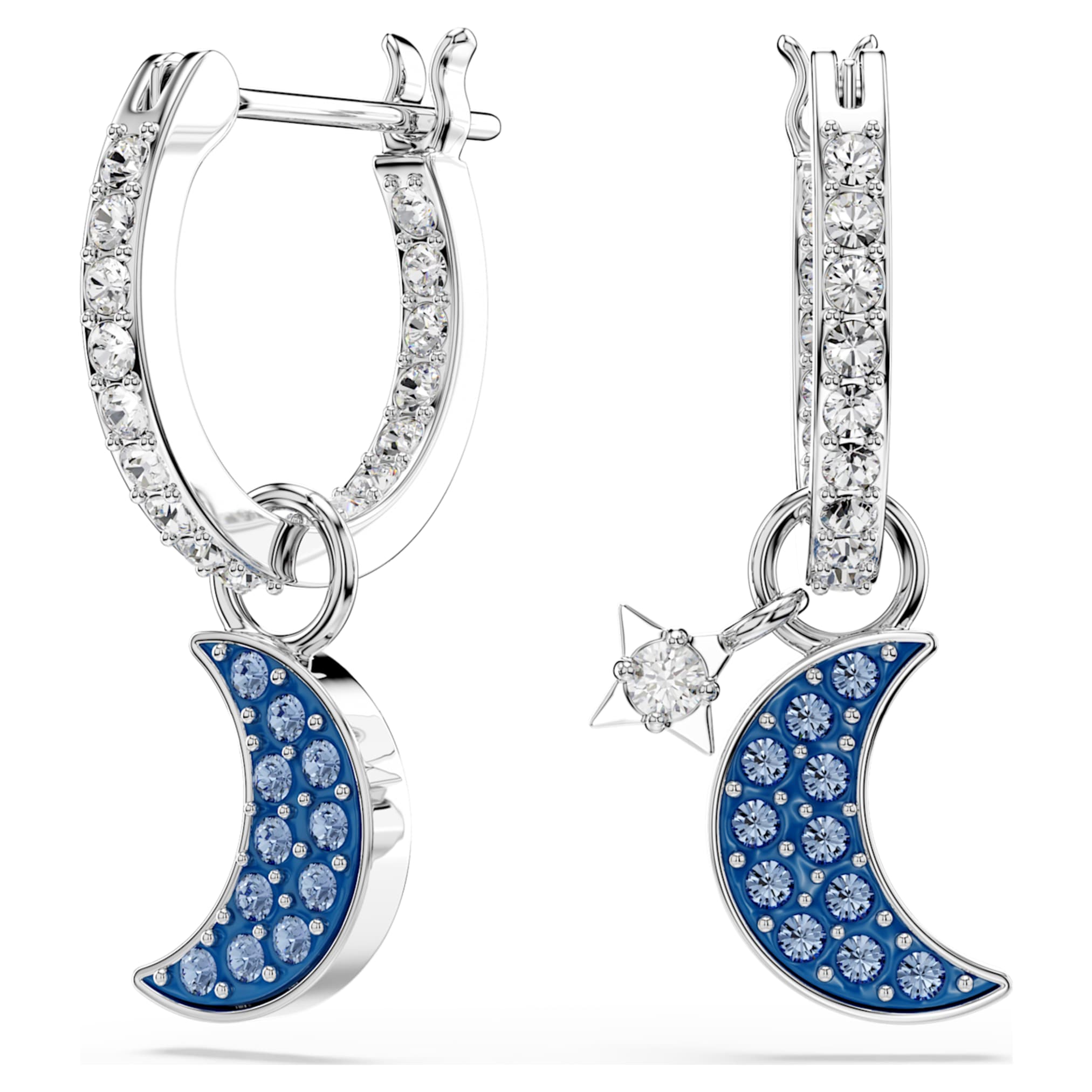 Swarovski Symbolica drop earrings Round cut, Moon, Blue, Rhodium plated