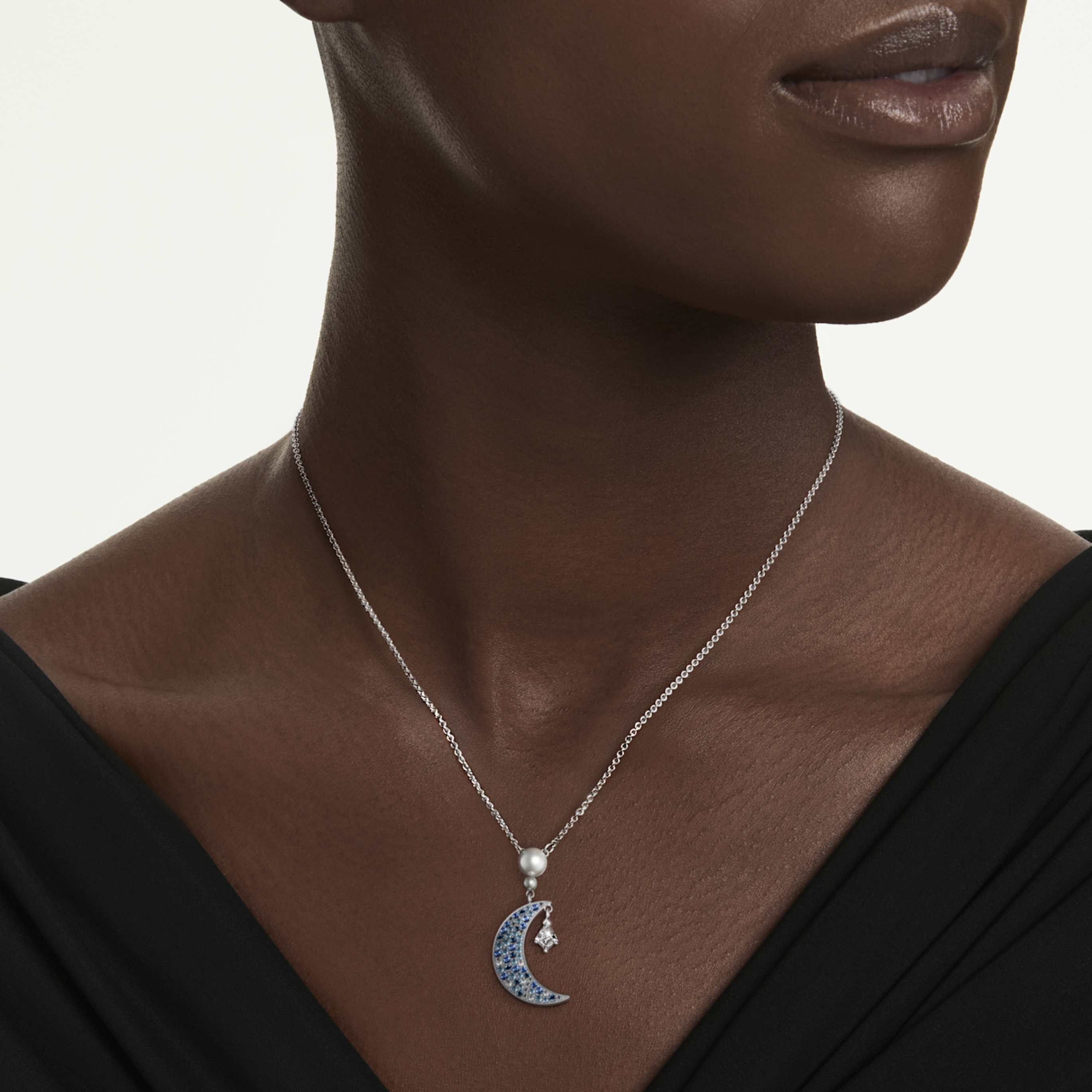 Swarovski Symbolica pendant Round cut, Moon, Blue, Rhodium plated