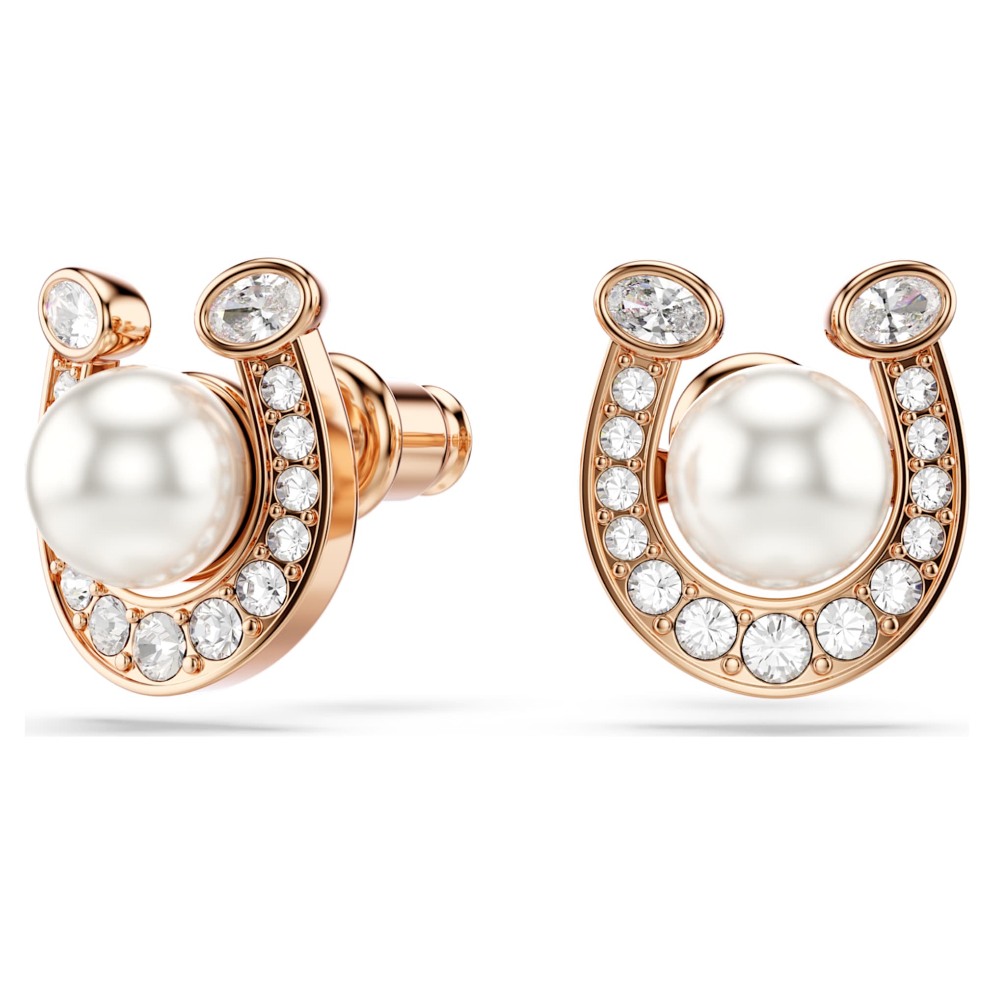 Swarovski Symbolica stud earrings Crystal pearl, Pavé, Horse shoe, White, 18K rose gold finish