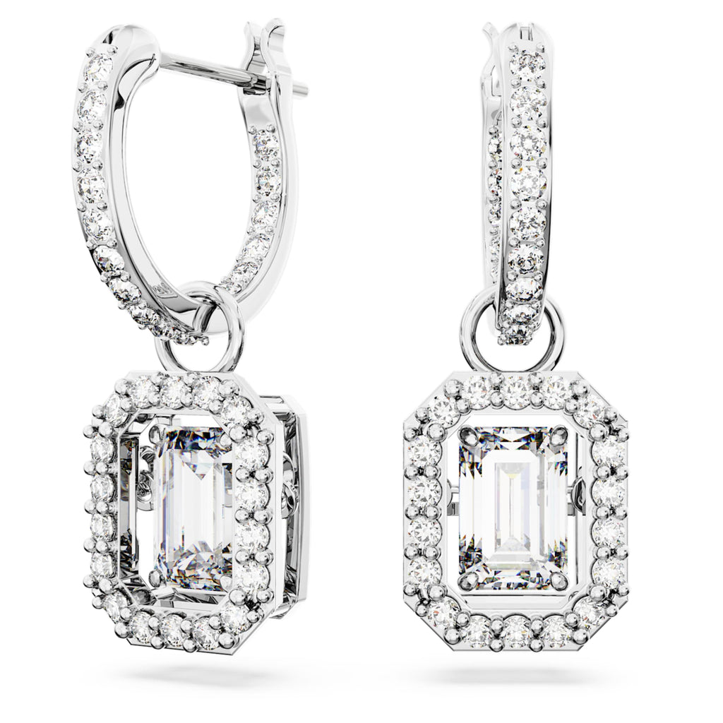 Swarovski Una drop earrings Octagon cut, White, Rhodium plated