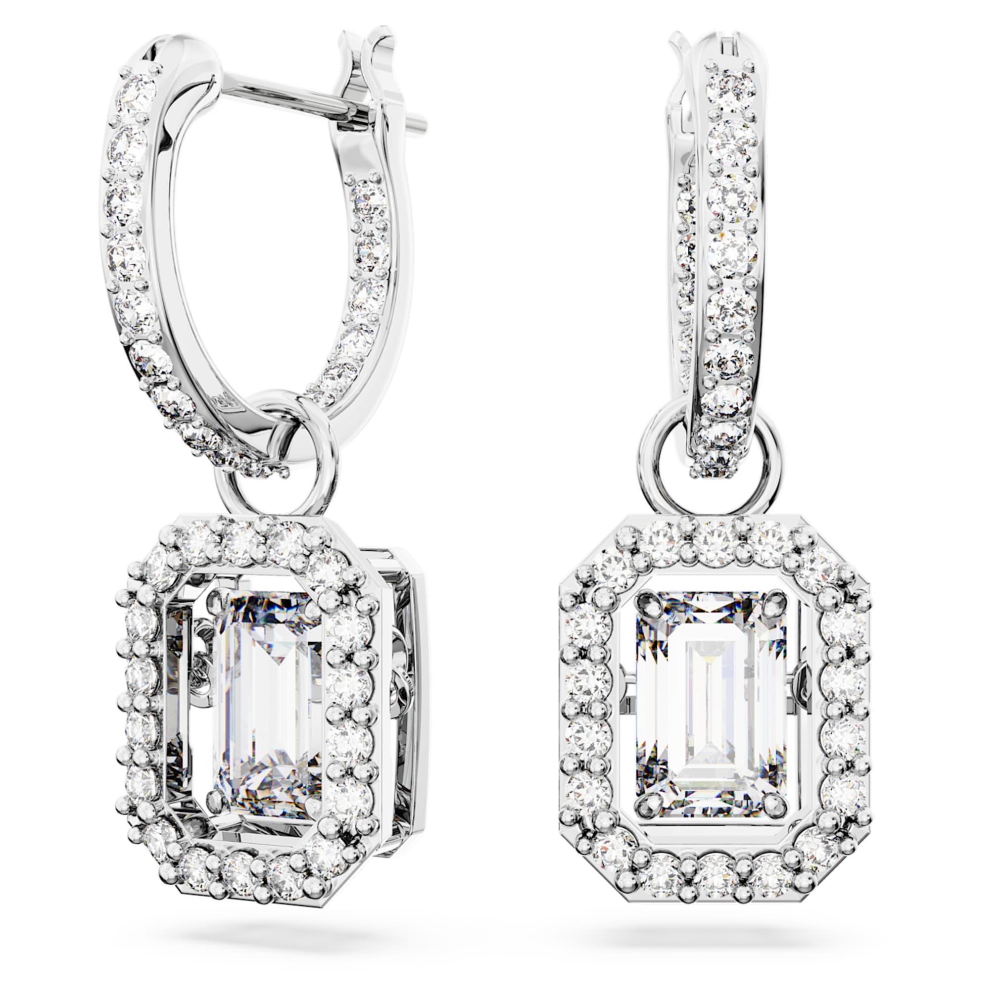 Swarovski Una drop earrings Octagon cut, White, Rhodium plated