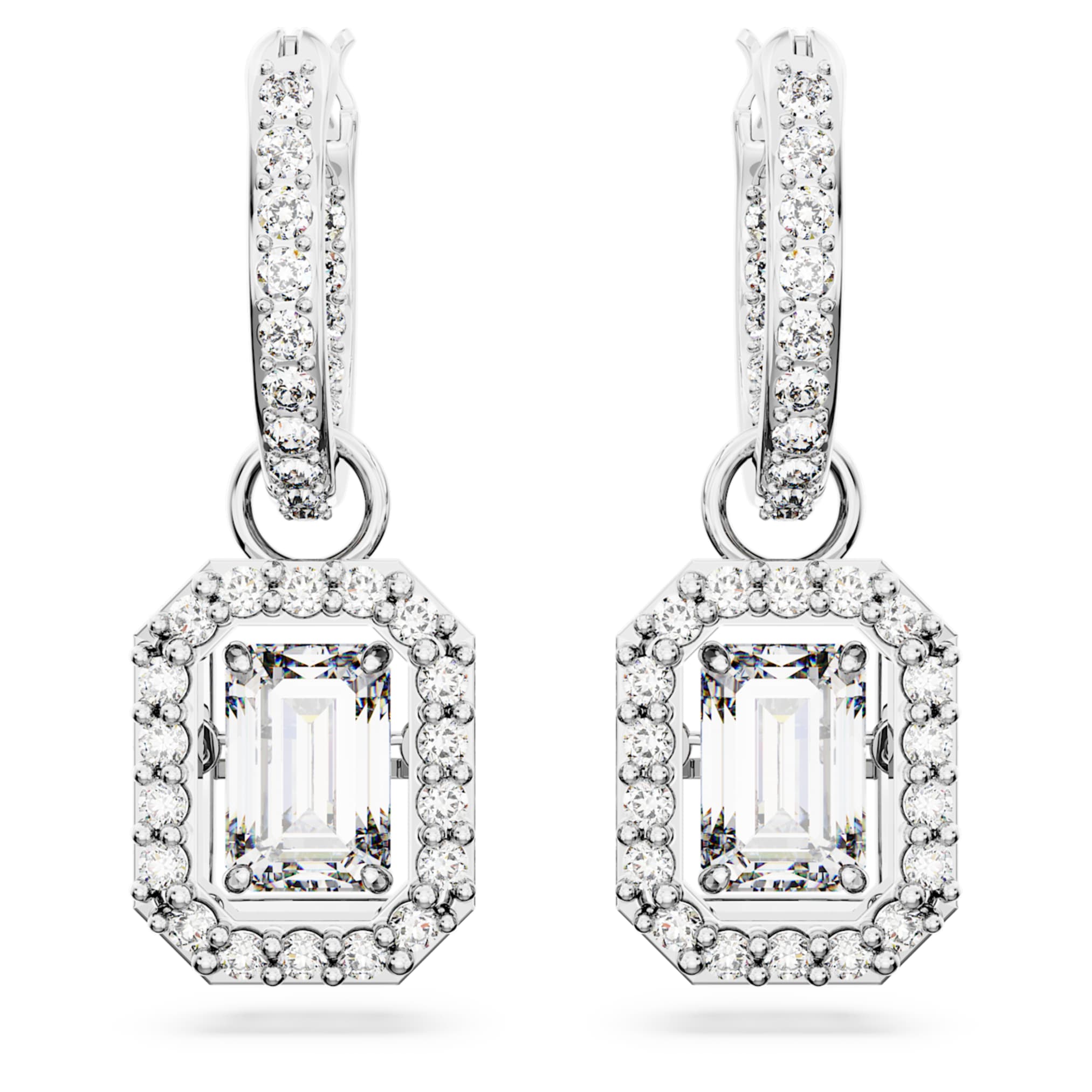 Swarovski Una drop earrings Octagon cut, White, Rhodium plated