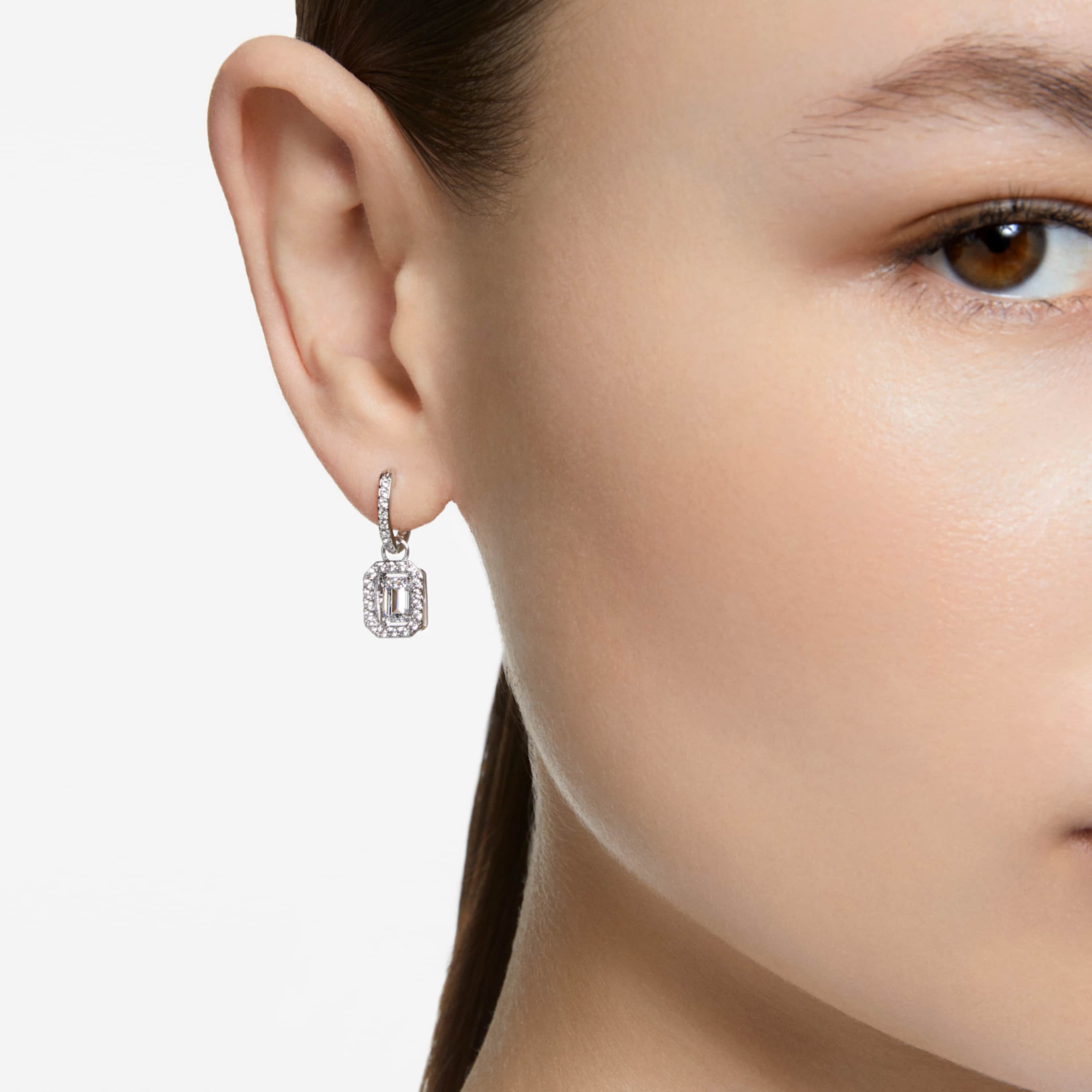 Swarovski Una drop earrings Octagon cut, White, Rhodium plated