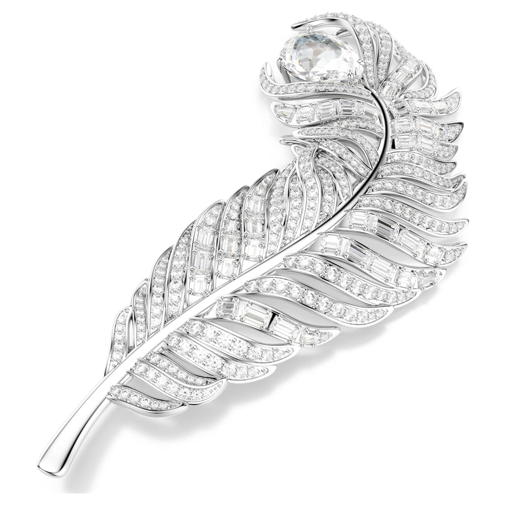 Swarovski Vienna brooch Mixed cuts, Feather, White, Rhodium plated