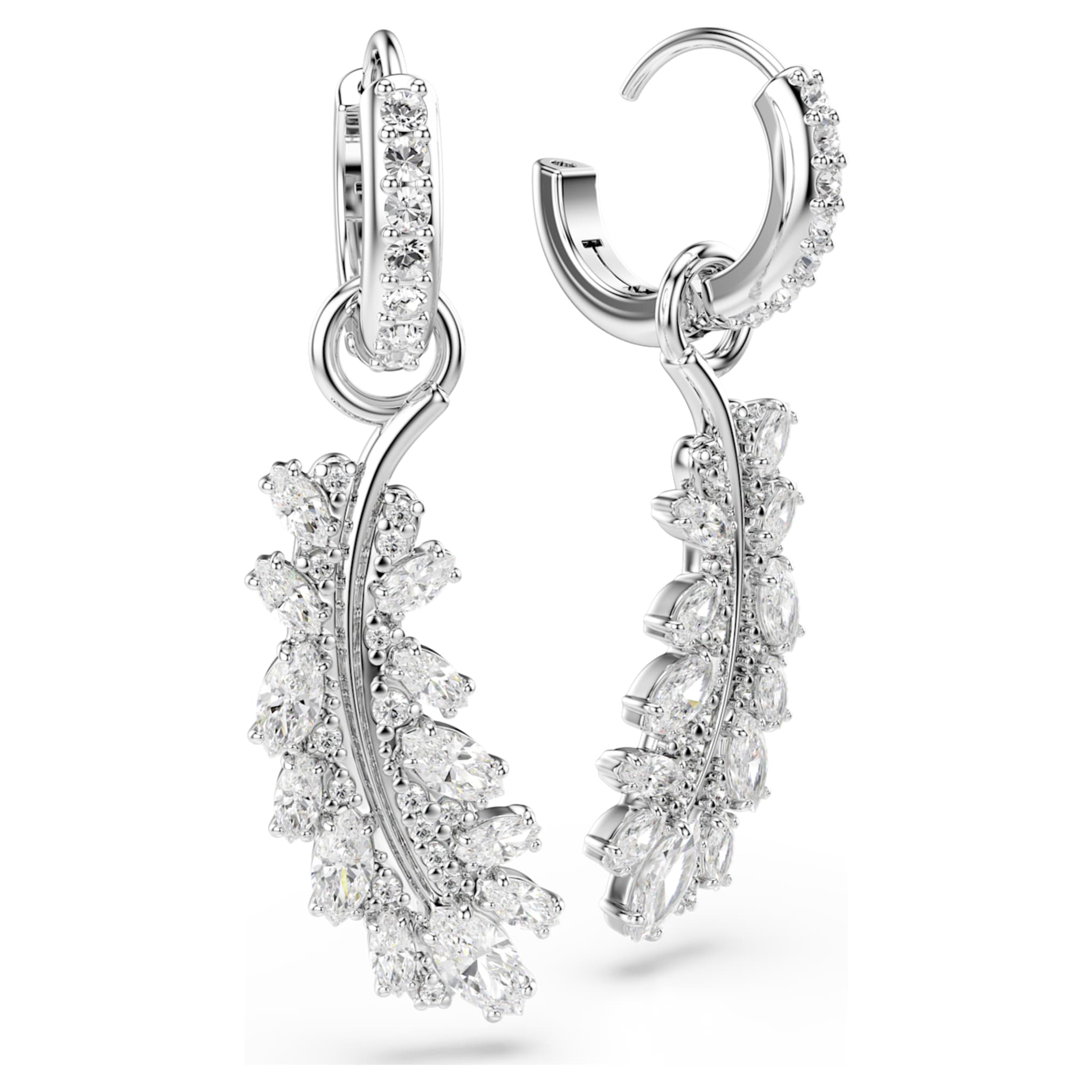 Swarovski Vienna earrings Mixed cuts, Feather, White, Rhodium plated