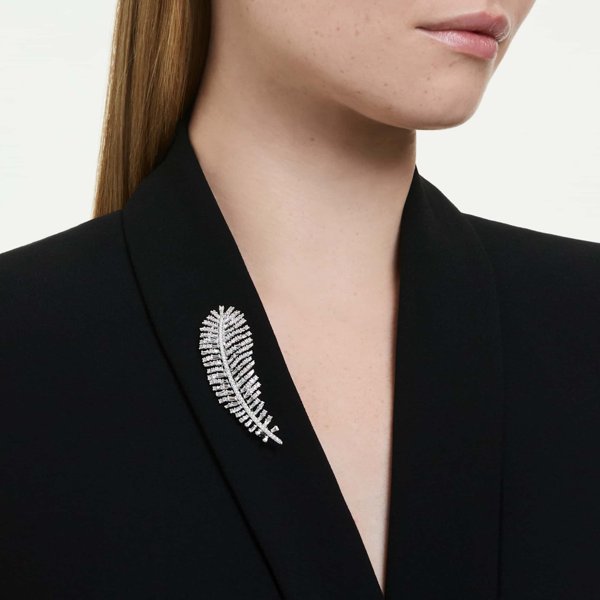 Swarovski Vienna pendant and brooch Mixed cuts, Feather, White, Rhodium plated